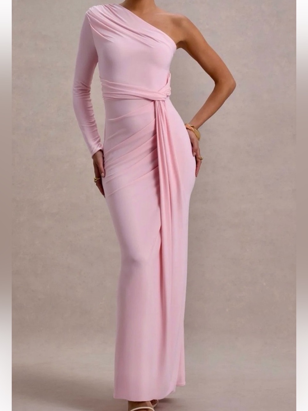 Club L London Sanya One-Sleeve Asymmetric Wrap Maxi Dress with Drape in Pink